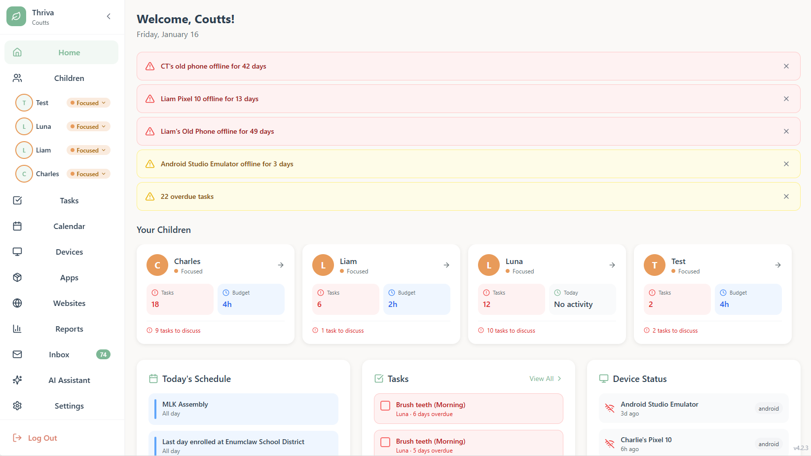Parent Portal dashboard showing children's status